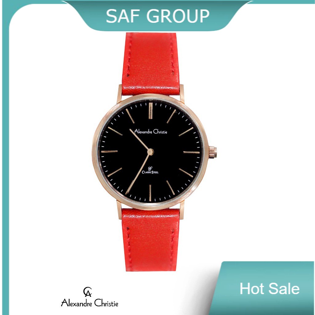 JAM TANGAN WANITA ALEXANDRE CHRISTIE AC 8490 / AC8490 ROSEGOLD BLACK LEATHER RED ORIGINAL by plp