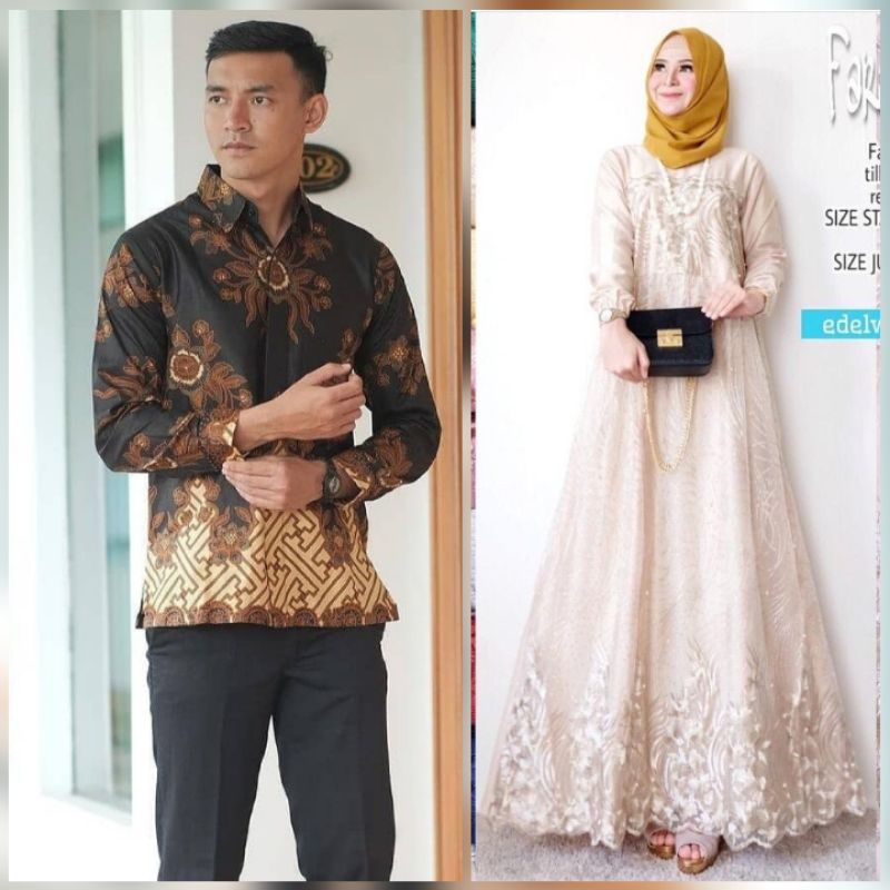 BATIK OFFICIAL SOLO Batik Couple Farasya Gamis Selma Tulle mutiara kombinasi ceruty payet &amp; kemeja batik