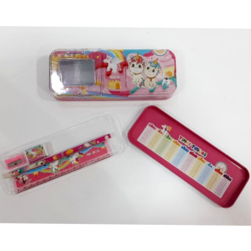 

Kaleng kotak tempat pensil stationery set alat tulis kuda unicorn pink komplit lengkap