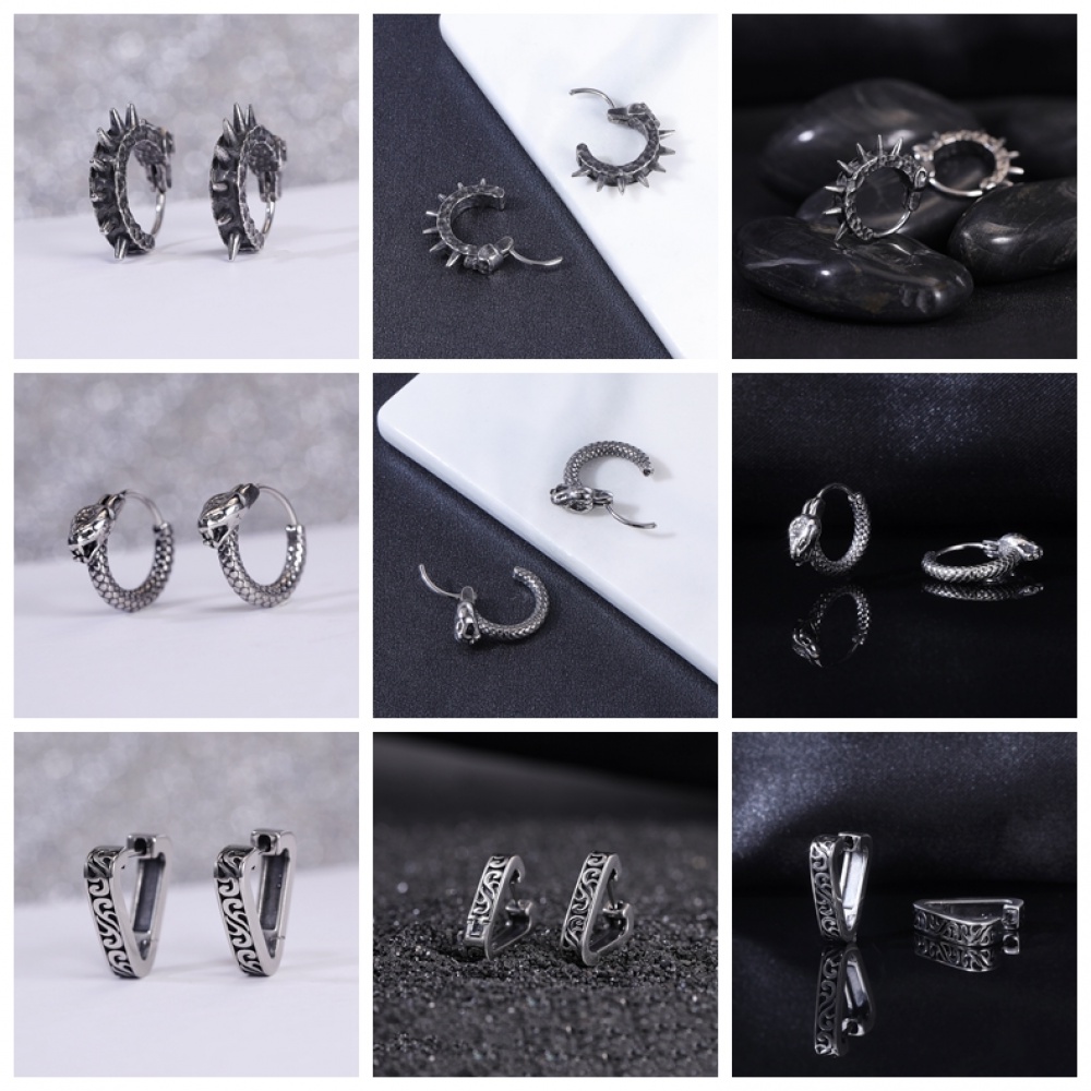 1 Pasang Anting Kait Desain Kepala Naga Tengkorak Ular Bahan Stainless Steel Gaya Punk Rock