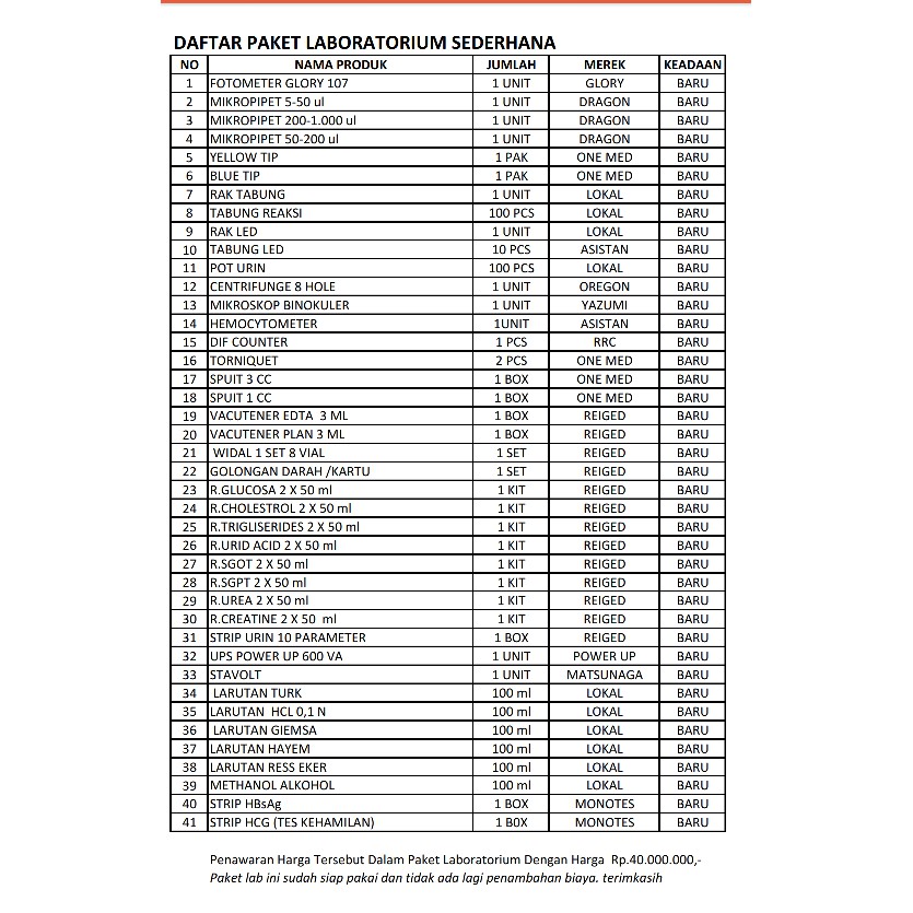 Paket Laboratorium Sederhana Alkes Jasa Lab Indonesia