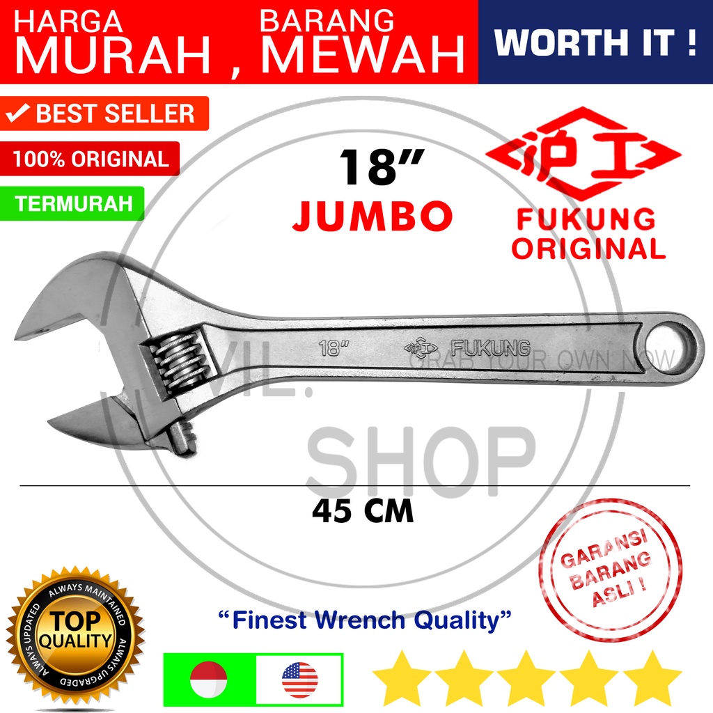 KUNCI INGGRIS FUKUNG ASLI 18 INCH 18" JUMBO BESAR 450 MM 45 CM BIG ADJUSTABLE WRENCH ENGLISH KEY