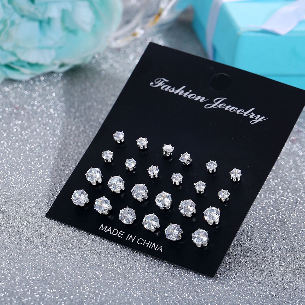 Lt 12pasang Sederhana Indah Elegan Ear Stud Alloy Bulat Zirkon Anting Set Perhiasan Wanita