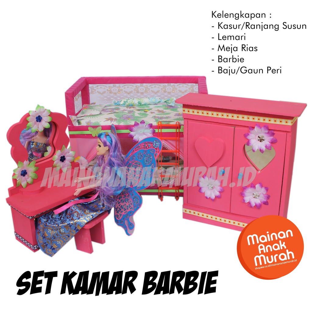 Set Kamar Boneka Barbie Dengan Ranjang Susun Kasur Tempat Tidur Kayu Kelambu Tirai Susun Bertingkat
