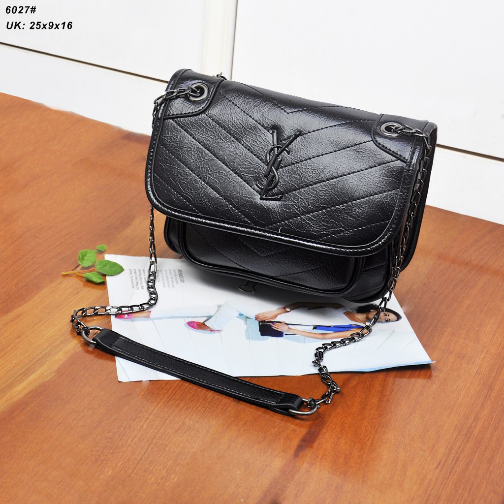 Supplier Tas Branded Tas YSL Niki Chain Chevron Leather Small HITAM Semprem 6027