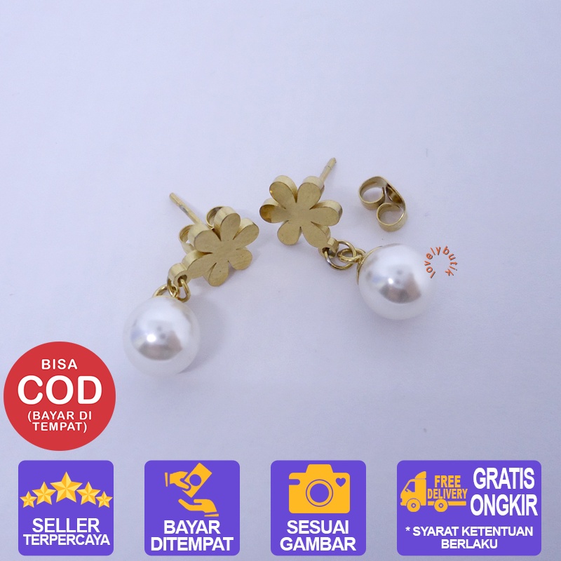 Lovelybutik - Anting Titanium Wanita Anti Karat  Love Flower Anting Tindik Titanium Wanita Gandulan Mutiara BONUS KOTA PERHIASAN [Emas]