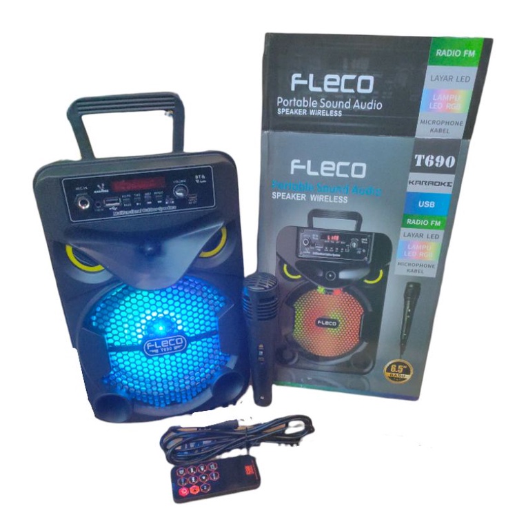 Speaker Bluetooth Portable Fleco T690 Gratis Microphone Karaoke Super Bass /Salon Aktif Bonus Card Reader