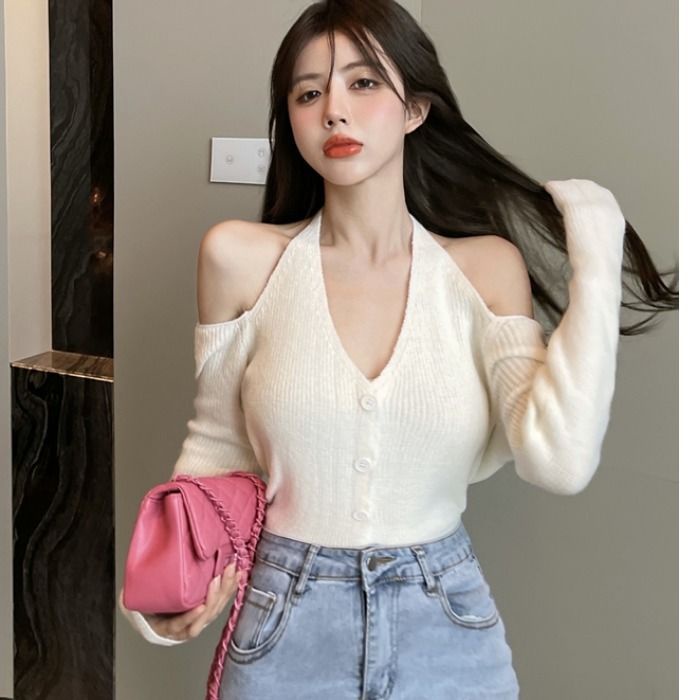 Suhao Tik Baru Musim GugurTok Pop Pakaian Murni Keinginan Leher Off-shoulder Lengan Panjang V-Neck Knit Spice Girl Top