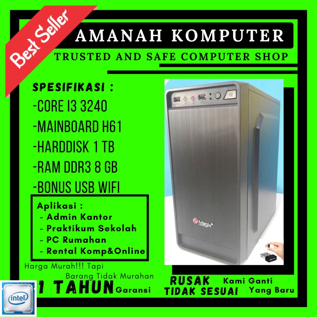 PC RAKITAN CORE i3 3240 RAKITAN KOMPUTER MURAH CPU HDD 1 TB RAM 8GB UNBK E18
