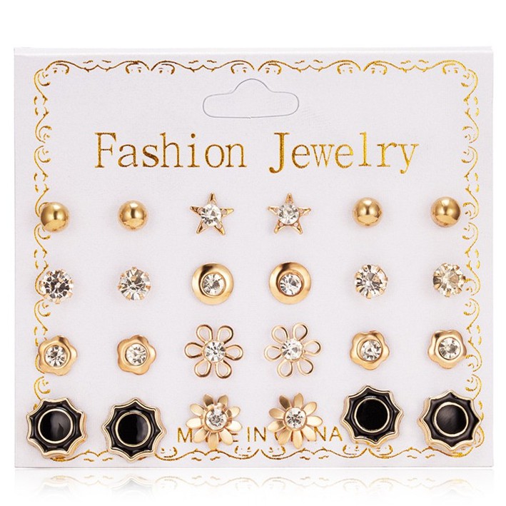 ⭐COD 12 Pasang Anting Set Tusuk Model Mutiara Intan Bentuk Bulat Gaya Korea Untuk Wanita Dalika-E