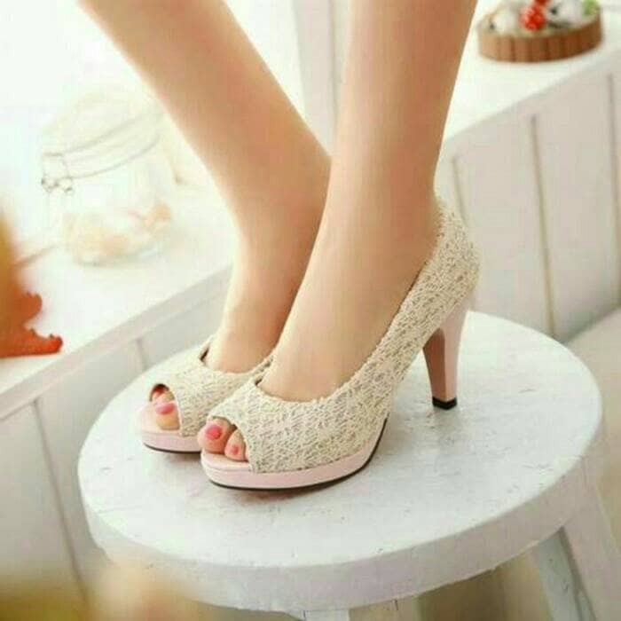 High Heels Julie Estelle Bahan Brukat 8cm (Cream)