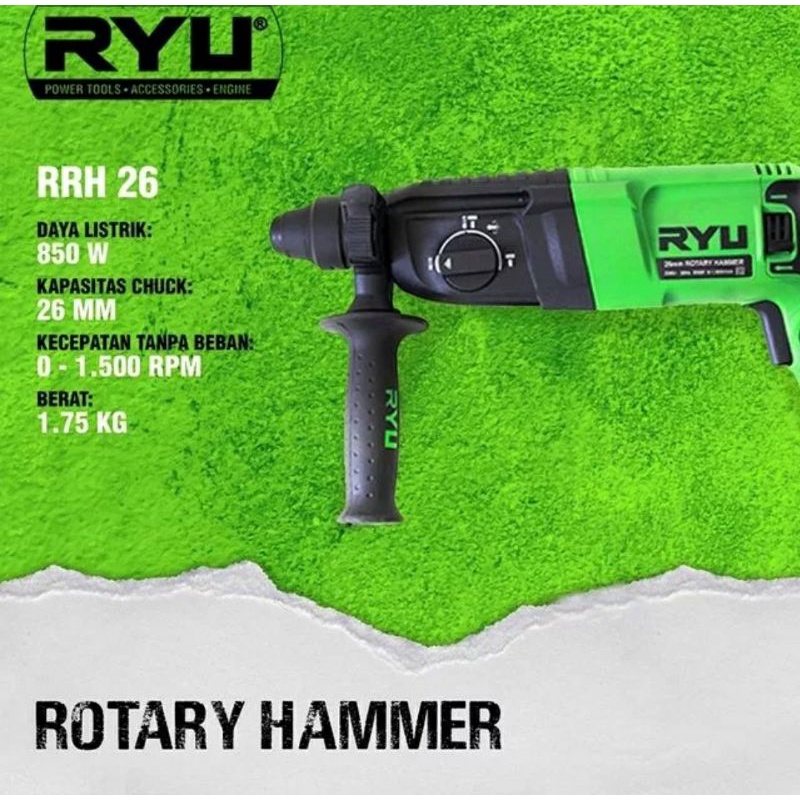 RYU RRH 26 Rotary Hammer 26mm Demolition Drill Mesin Bor Bobok Beton Tembok SDS Plus