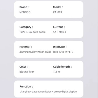 MCDODO CA-869 Cable Type C Super Fast Charge Digital Display Pro 5A