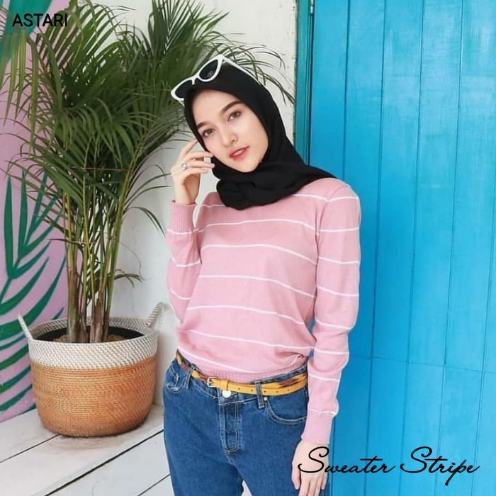 Top Knit Sweater Stripe - Atasan Sweater Rajut Garis Wanita - Sweater Kaos