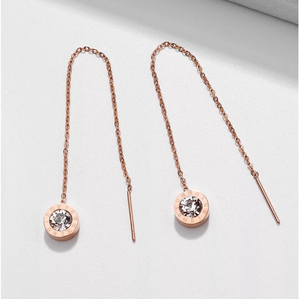 Anting Drop Bvlgi Romawi Crystal Artifisial Warna Rose Gold dan Gold