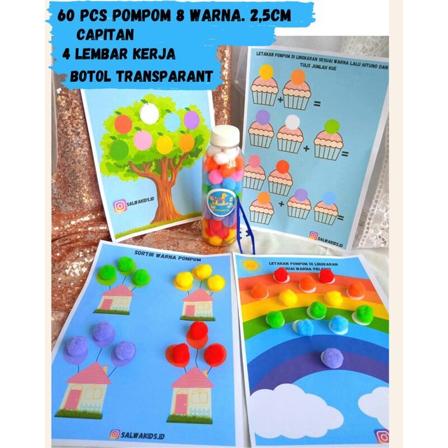 PAKET POMPOM / POMPOM / MAINAN EDUKASI / pompom 60pcs 2,5Cm 8 warna