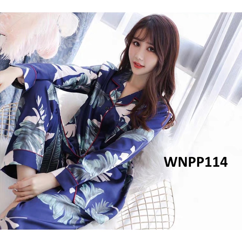 Piyama Wanita Baju Tidur Wanita Satin Floral Blue Navy - WNPP114