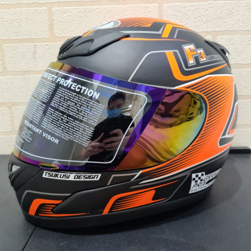 Helm JPN fullface F3 hitam doff stiker orange