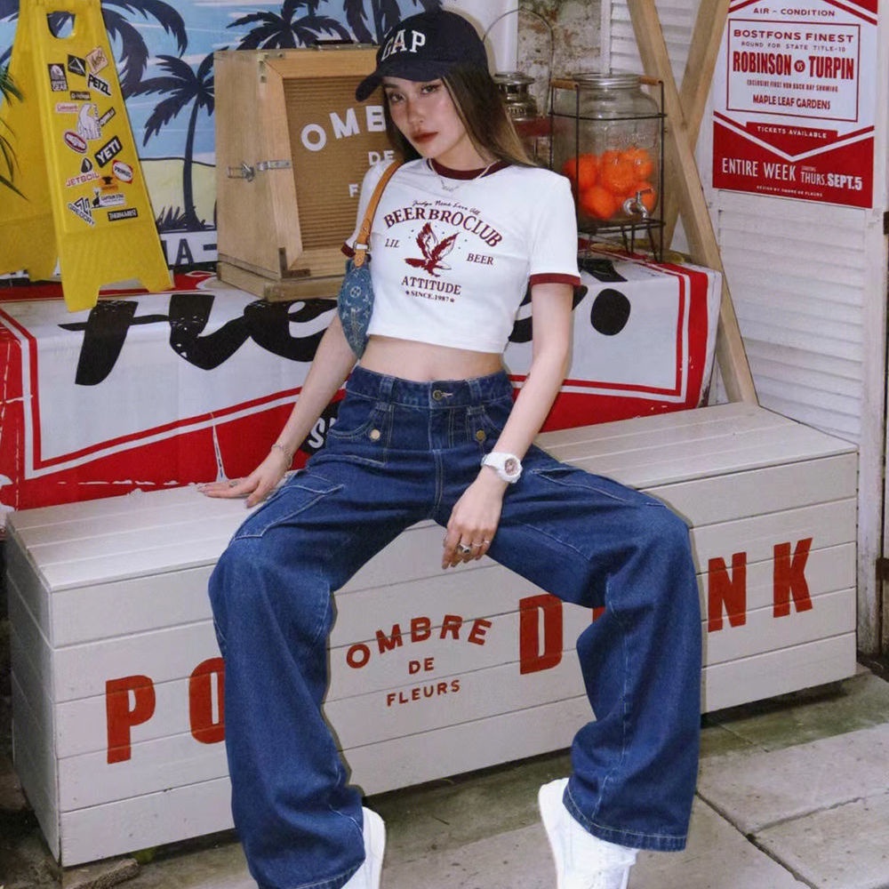BeerBro American retro ketat warna kontras manset kerah lengan pendek T-shirt hot girl cropped pusar