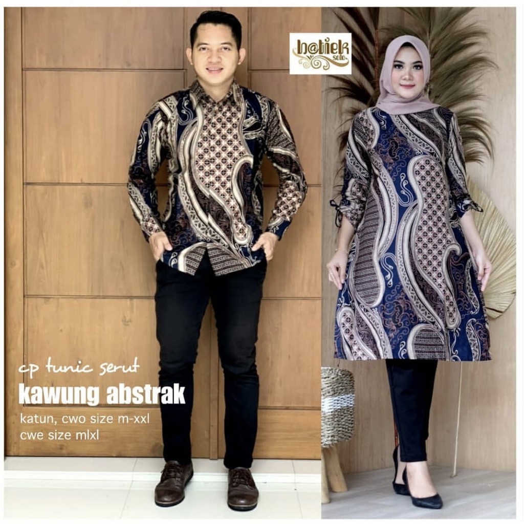 Couple Tunik Serut Kawung Abstrak Batik Sarimbit Modern Tunik Midi Muslim Kantor Kerja Kondangan