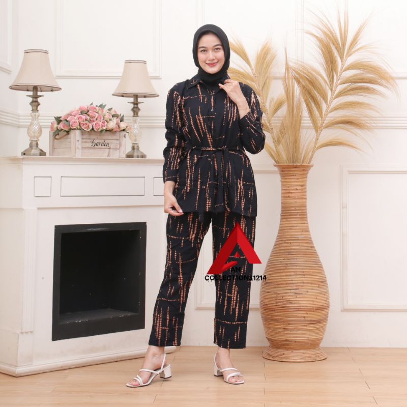 [BISA COD] Setelan Tie Dye Wanita / Tie Dye Tali Serut Dan Kacing / One Set Rayon / Lengan Panjang / Motif Rintik Hujan-4