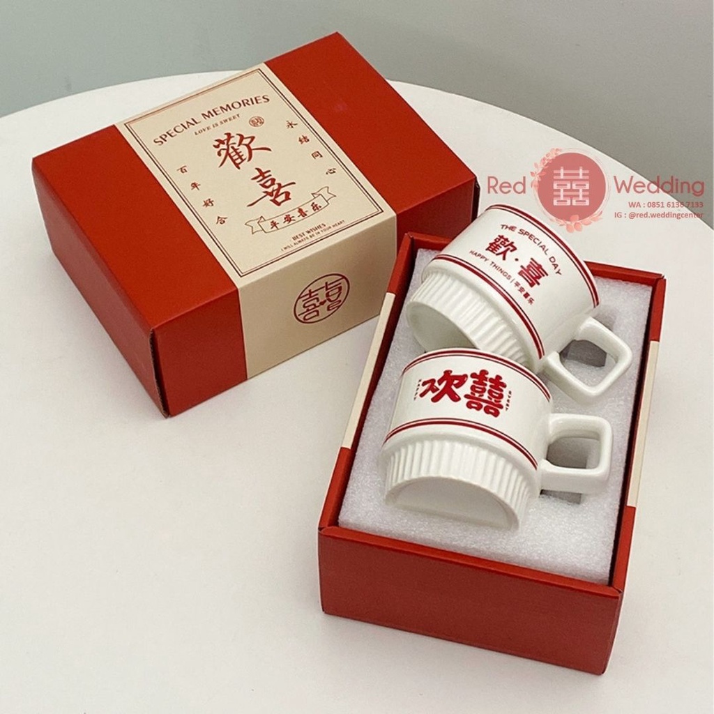 Gift Set Gelas Wedding Coffee Mug Bahan Keramik Putih Motif Shuang Xi Design Estetik Pengantin  dapat Gift Box Aesthetic