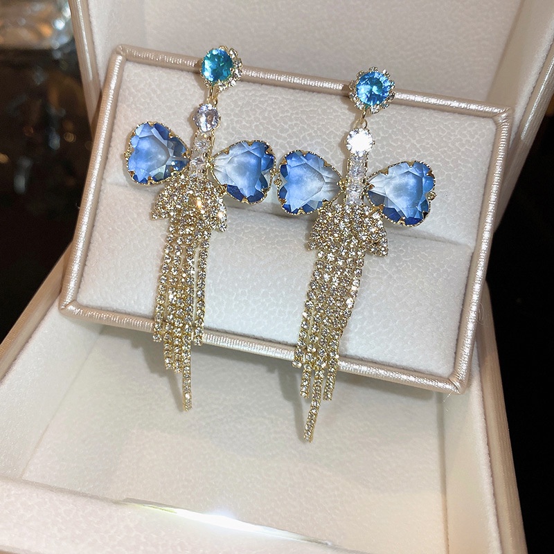 Anting Rumbai Desain Pita Aksen Kristal Warna Gradasi Gaya Korea