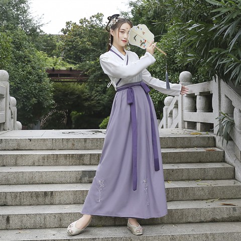 Hanfu Setelan Kaos  T shirt Lengan Pendek rok Mini Motif  