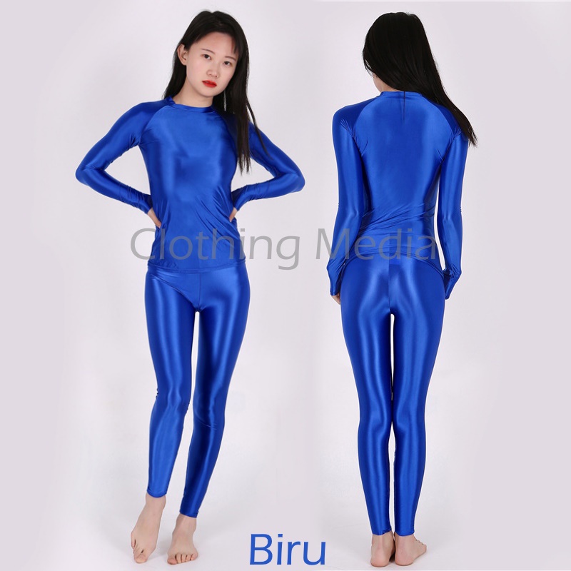 Setelan Silky Baju Lengan Panjang Celana Legging Bodysuit Glossy Manset Halus