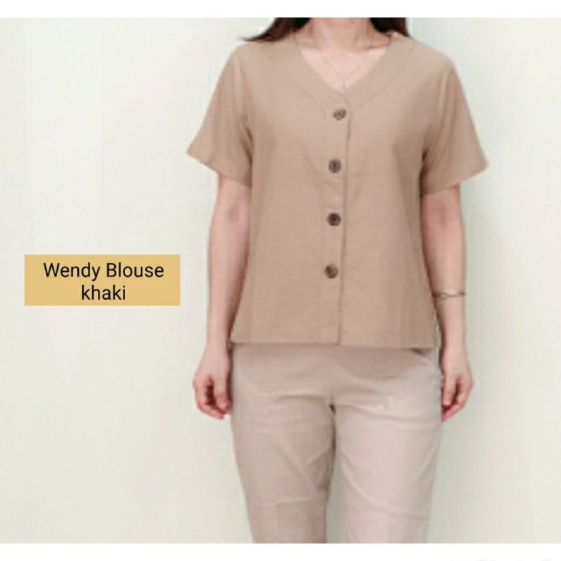 Atasan Blouse Wanita Lengan Pendek Polos Bahan Katun, Wendy Blouse#-Wendy Khaki