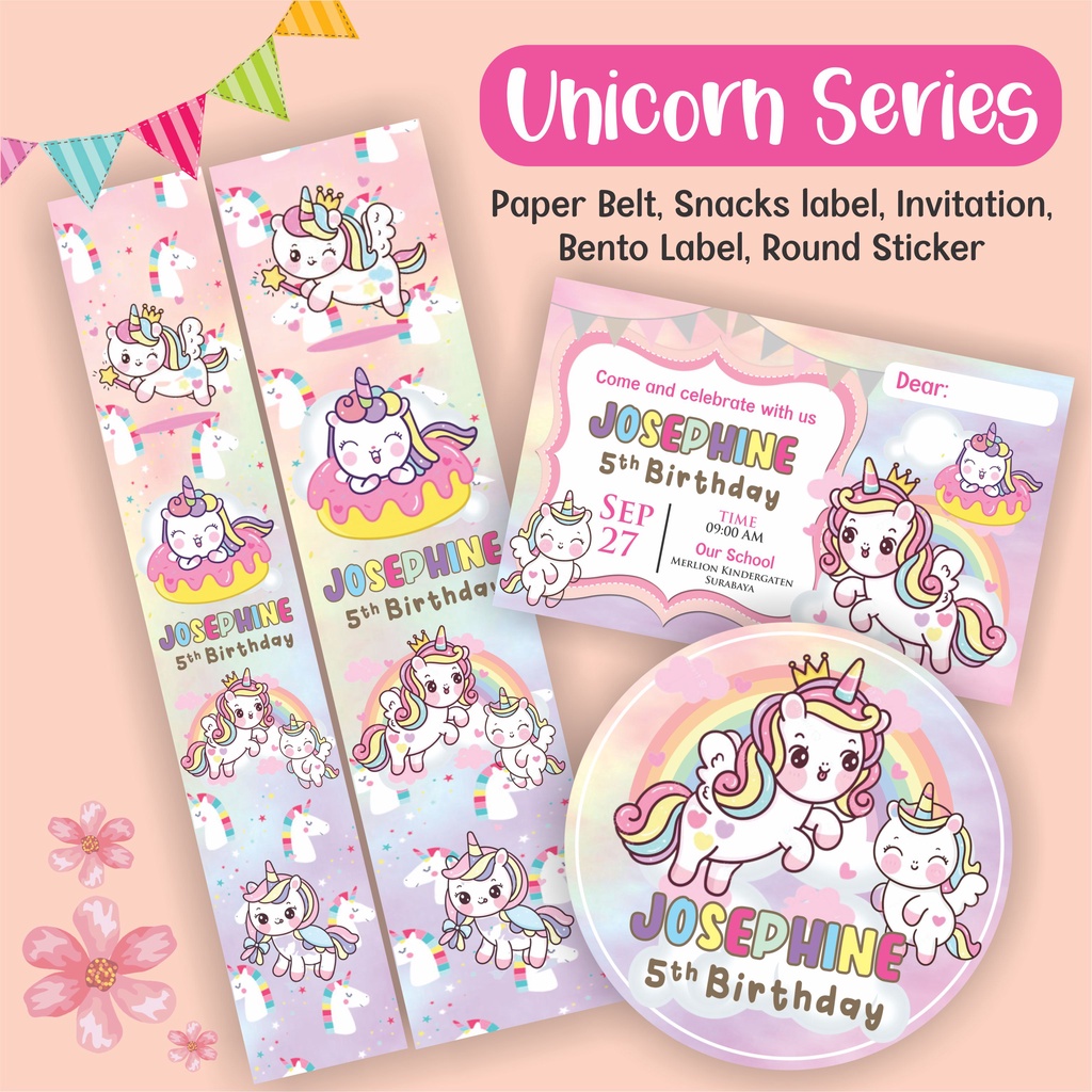 

Unicorn Undangan birthday, Paper belt & Sticker ulang tahun