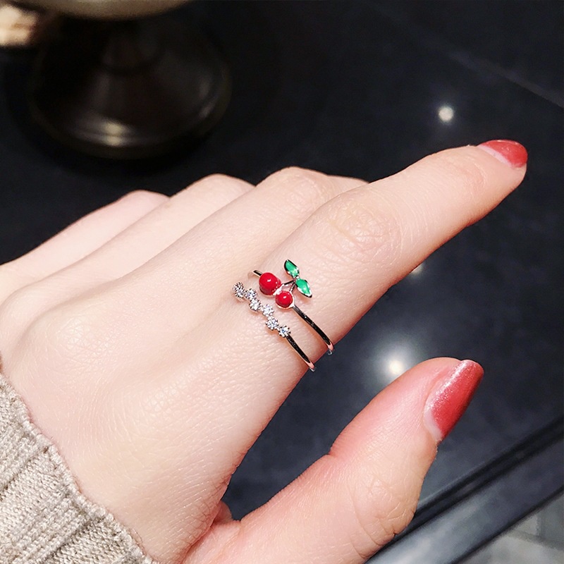 Cincin Model Terbuka Dapat Disesuaikan Desain Strawberry Cherry Gaya Jepang Dan Korea Untuk Perempuan