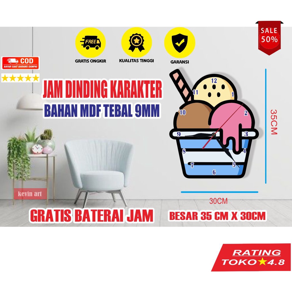 JAM DINDING BESAR LUCU UNIK KARTUN KARAKTER GAMBAR ICE CREAM DEKORASI DINDING MINIMALIS ARTISTIK ANIMASI ANAK MODERN MEWAH BAGUS ANTIK KWALITAS TERBAIK PALING LARIS