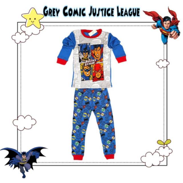 PIYAMA ANAK / BAJU TIDUR ANAK LENGAN PANJANG 4T - 10T - Grey Comic Justice League