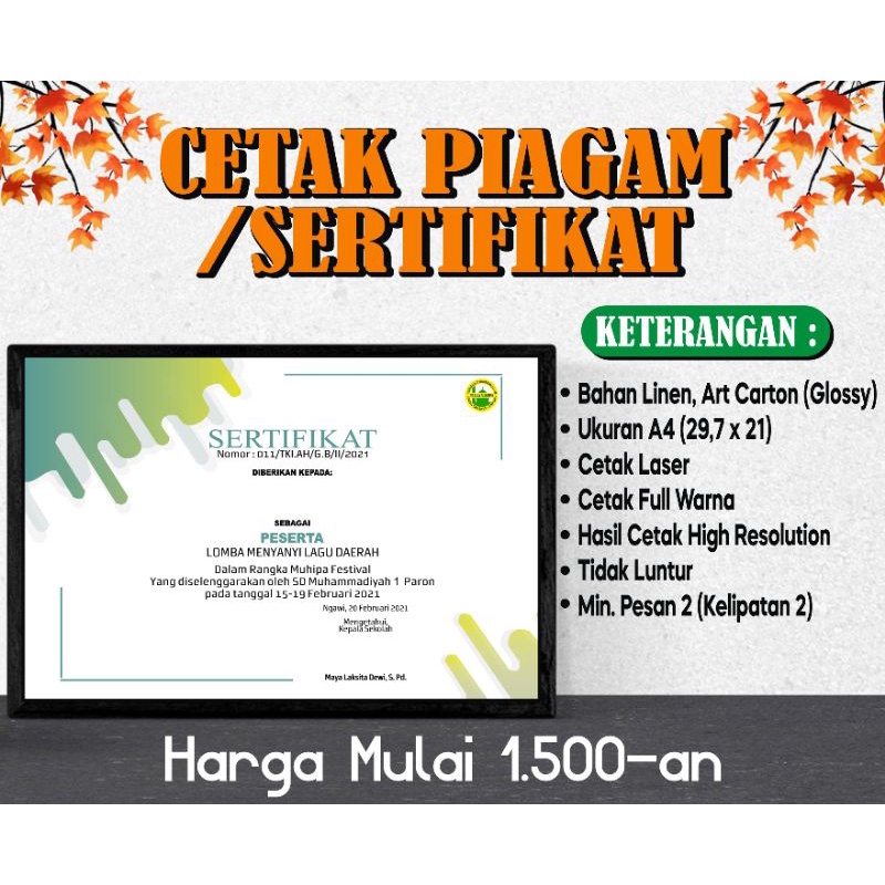 

Cetak Sertifikat Piagam Full Color Custom