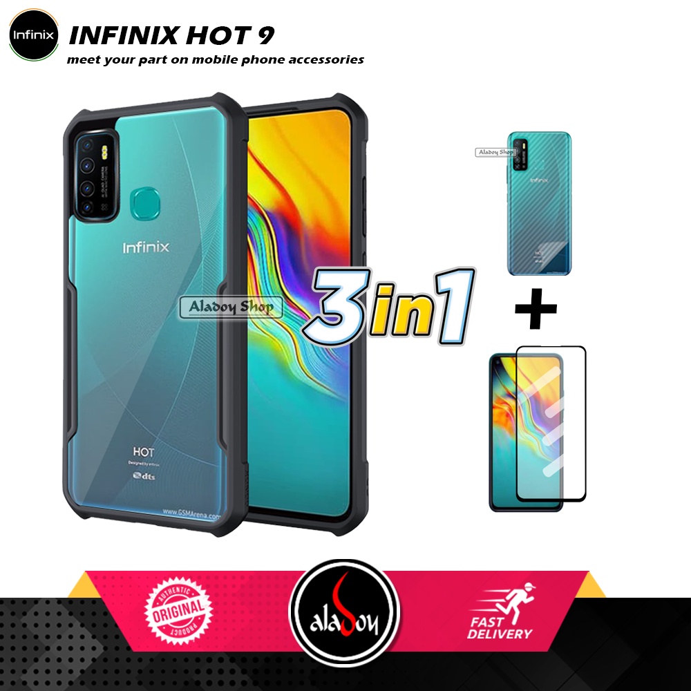 Case Infinix Hot 9 Armor Fushion Transparent Casing + Tempered Glass Full Layar dan Skin Carbon