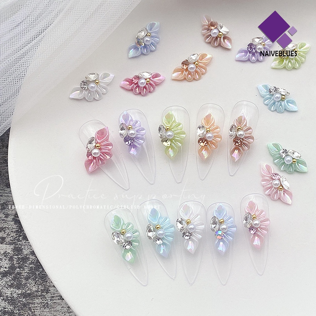 Naiveblue &gt; 10Pcs / Set Hiasan Kuku 3D Bentuk Bunga Aksen Mutiara Imitasi Bahan Resin Untuk Nail Art DIY