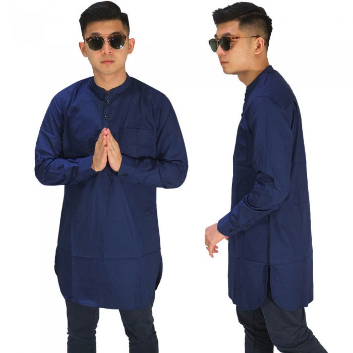 Baju Koko Muslim Kurta Gamis Pria Lengan Panjang Polos Biru Dongker