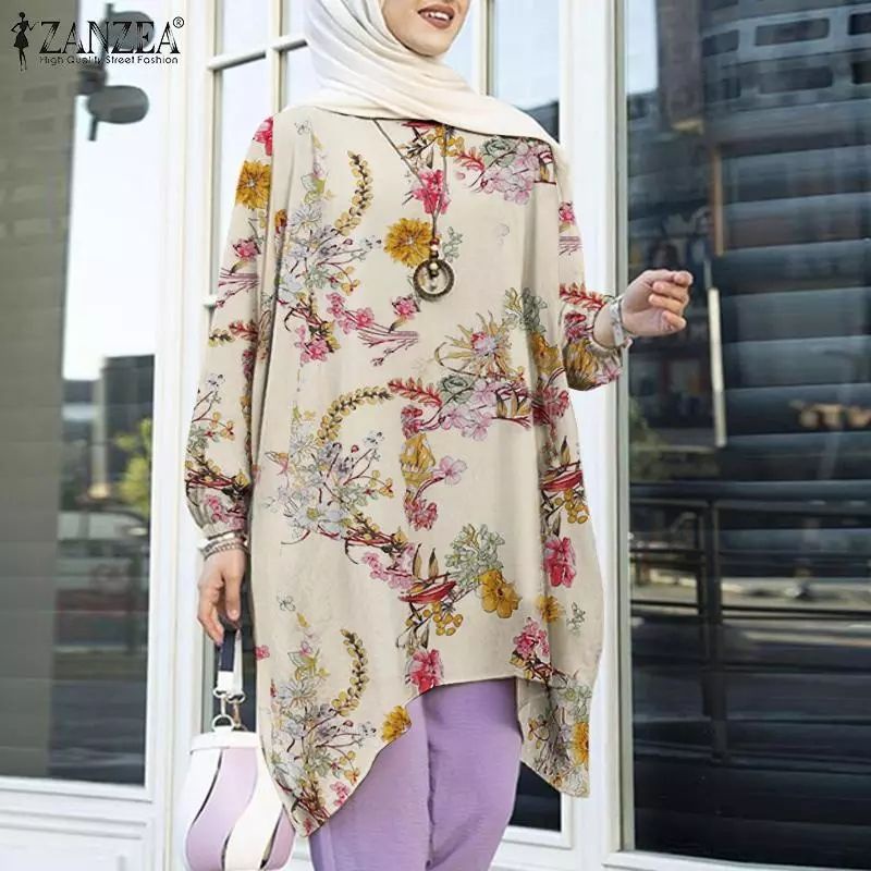 ZANZEA Blouse Tunik wanita import motif bunga print asimetris jumbo S-5XL