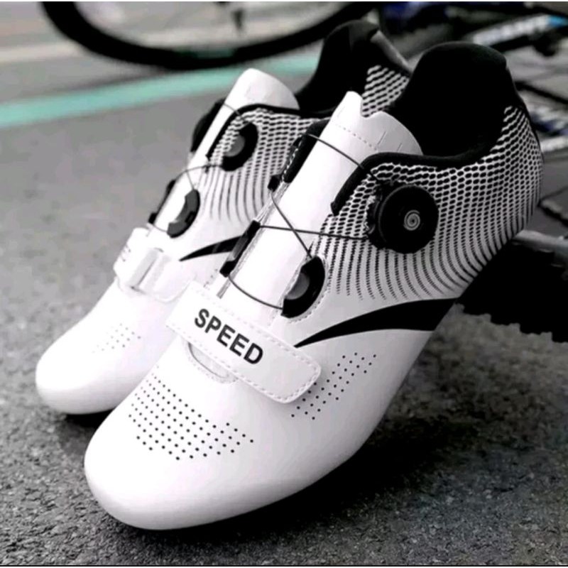 Sepatu Sepeda Cleat Merk Speed Warna Putih White Boa System Bisa Pedal Roadbike Mtb 2 in 1