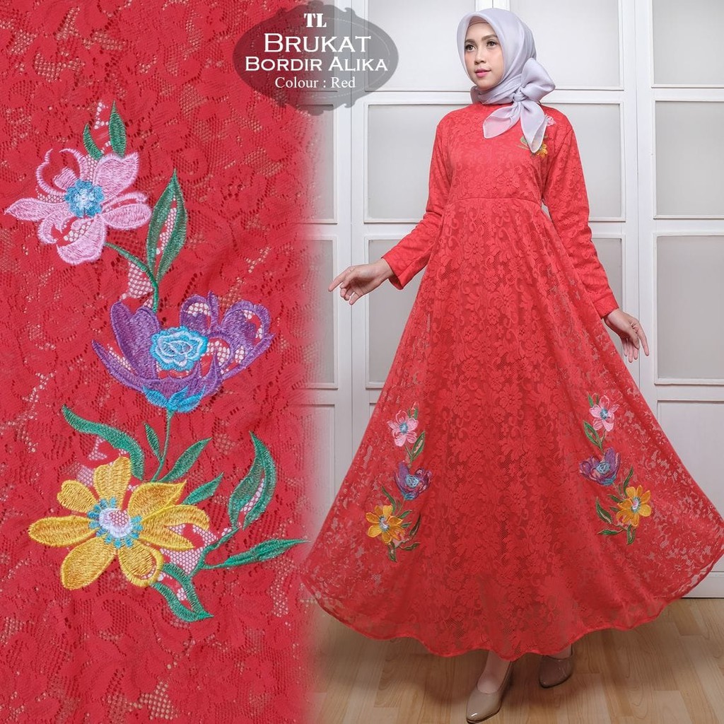 Baju dress Maxi Brukat Alika Red TL maxi wanita brukat impor merah murah