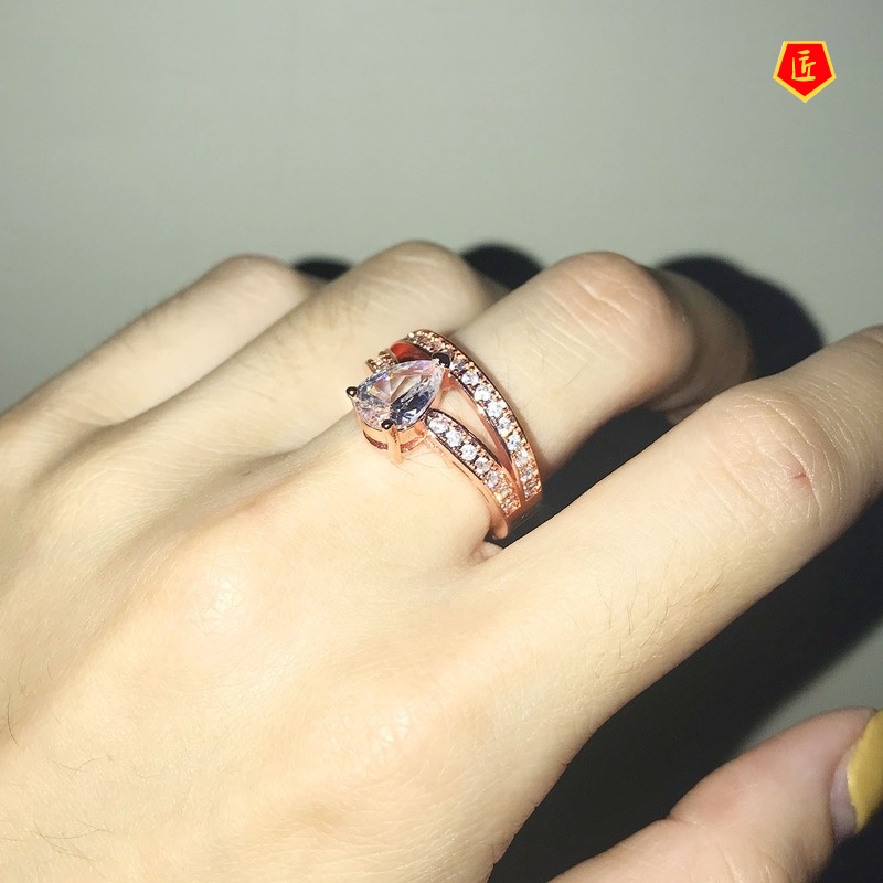 [Ready Stock]Fashion Elegant 14K Rose Gold Diamond Double-Layer Ring