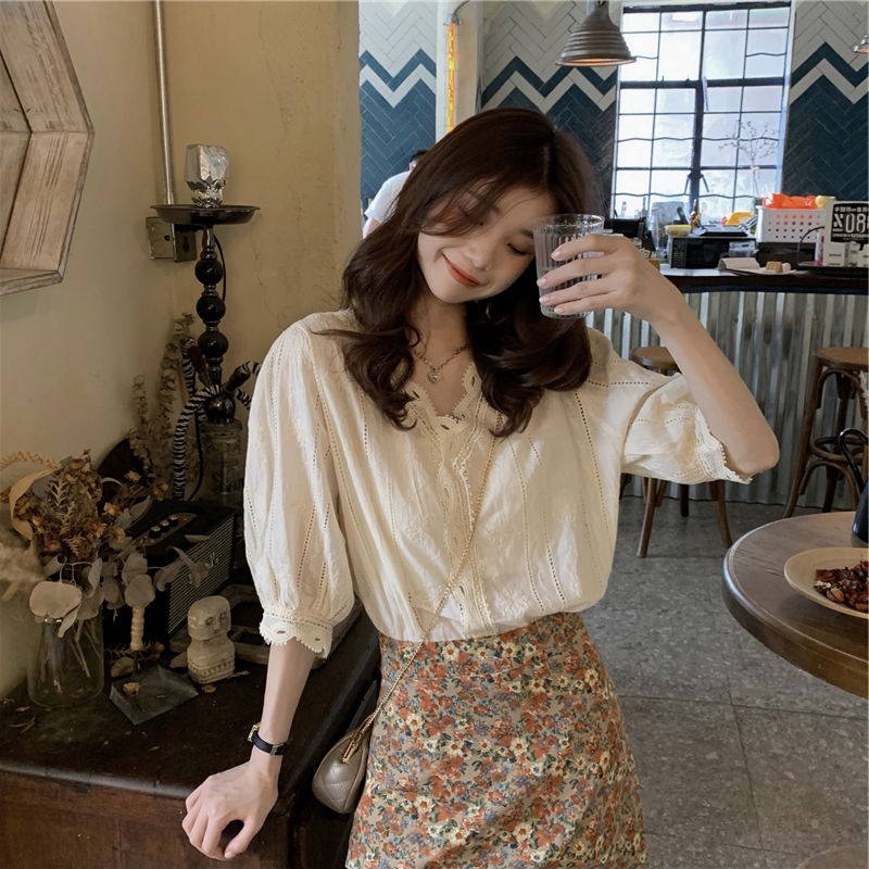 Blus Korea Wanita Potongan Longgar Lengan Panjang Puff Bahan Shifon Model Renda blouse wanita korea atasan wanita-5