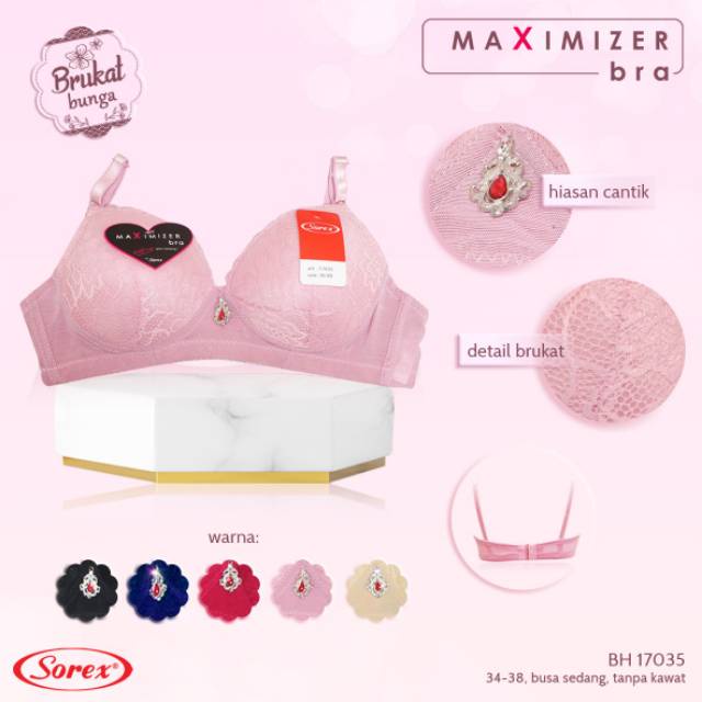 Sorex Bra 17035  Renda Busa Tanpa Kawat 34 36 38 Warna Polos 2 Kait