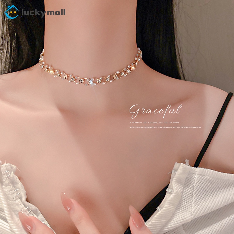 Kalung Choker Aksen Mutiara Dan Berlian Imitasi Untuk Wanita