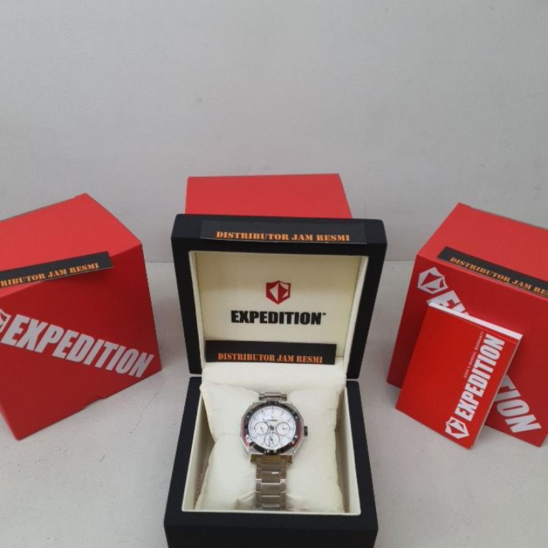 Jam Tangan Wanita Expedition E6385B E 6385 B E6385 B E 6385B All Silver Ring Black Cronograph