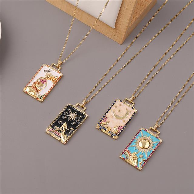 Ornamen tembaga menetes zircon liontin persegi panjang pelangi tarot bulan Eropa hip hop kalung