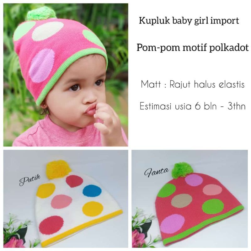 topi Kupluk rajut anak perempuan motif polkadot pom-pom