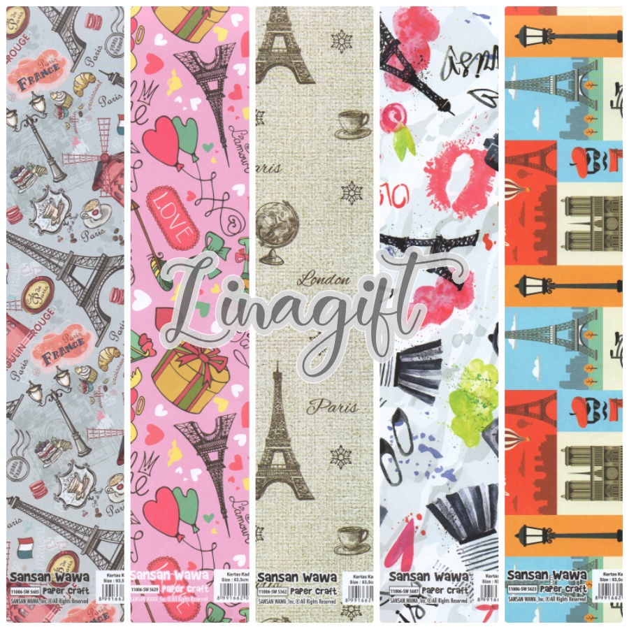 ( 5 Lembar ) PARIS SANWA - KERTAS KADO SANSAN WAWA MENARA EIFFEL - GIFT WRAPPING PAPER DOFF ROMANTIC ROMANCE WEDDING ENGGAGEMENT LOVE NETRAL LAMARAN CLASSIC / PHOTOGRAPHY BACKGROUND