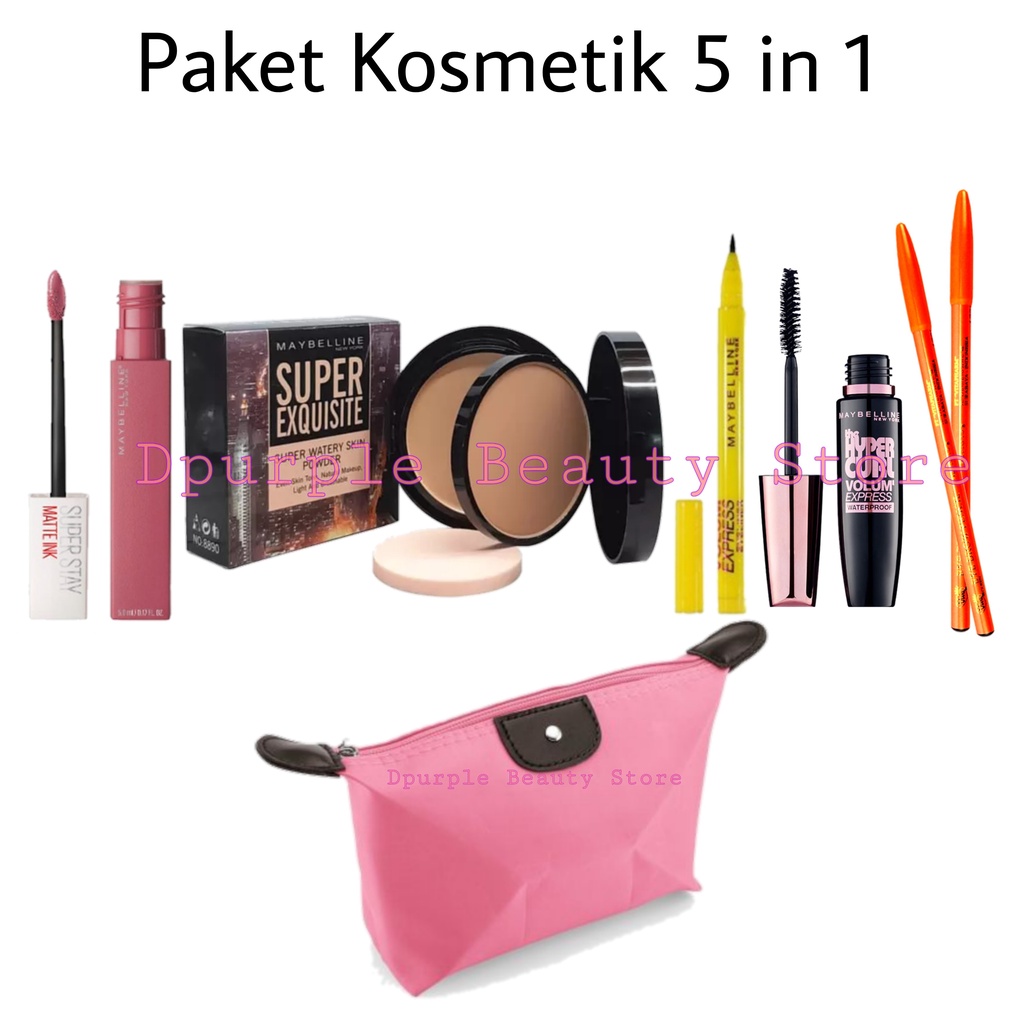 Paket Kosmetik Maybelline Super Hemat Lengkap 10 In 1 - Bedak Tabur - Bedak Padat &amp; Basah - Fondation - Concealer - Contour - Eyeshadow Dompet - Maskara - Eyeliner - Lipcream - Pensil Alis - Beauty Blender - Tas Kosmetik Pouch